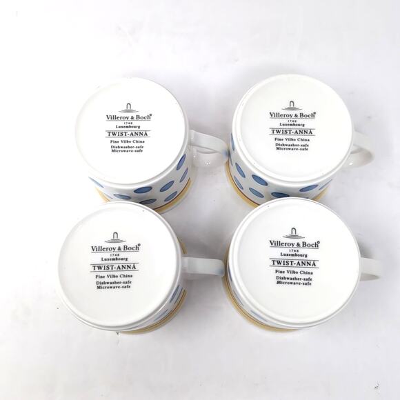 Villeroy & Boch Twist Anna Flat Coffee Mugs Cups Set Of 4 White Blue Polka Dots - Picture 4 of 7